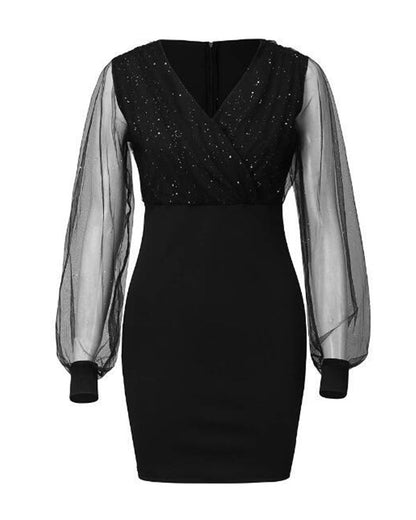 Amélor Paris |  Mélodie - Robe Noire Élégante à Paillettes et Manches Voilées